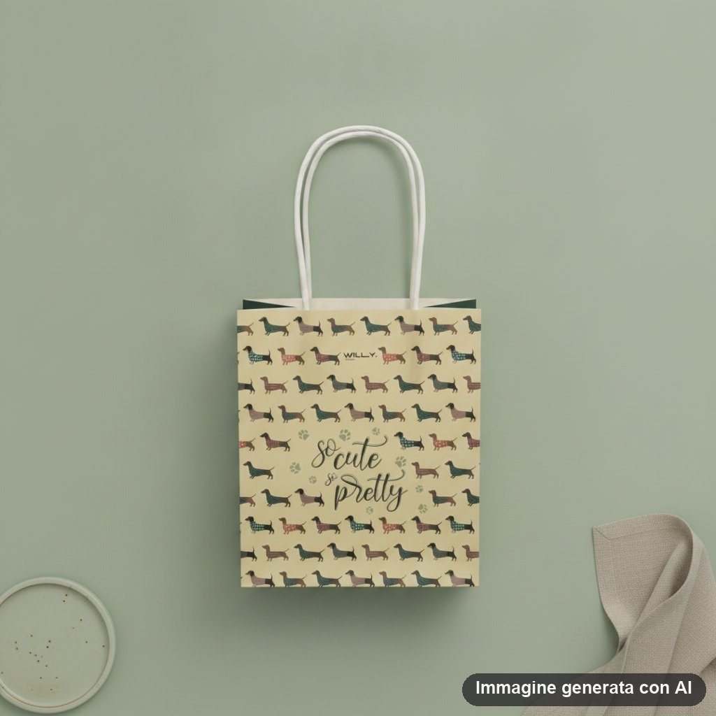 Shopper in carta kraft con pattern ripetuto di bassotti in diversi colori e fantasie, manici bianchi in cotone, scritta So Cu