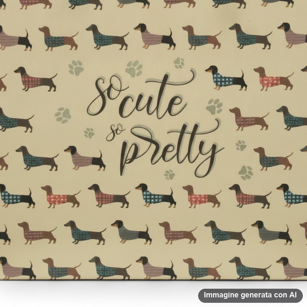 Shopper in carta kraft con pattern ripetuto di bassotti in diversi colori e fantasie, manici bianchi in cotone, scritta So Cu