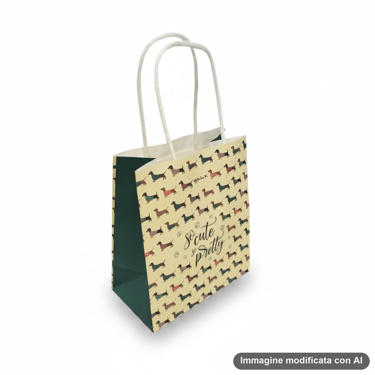 Shopper in carta kraft con pattern ripetuto di bassotti in diversi colori e fantasie, manici bianchi in cotone, scritta So Cu
