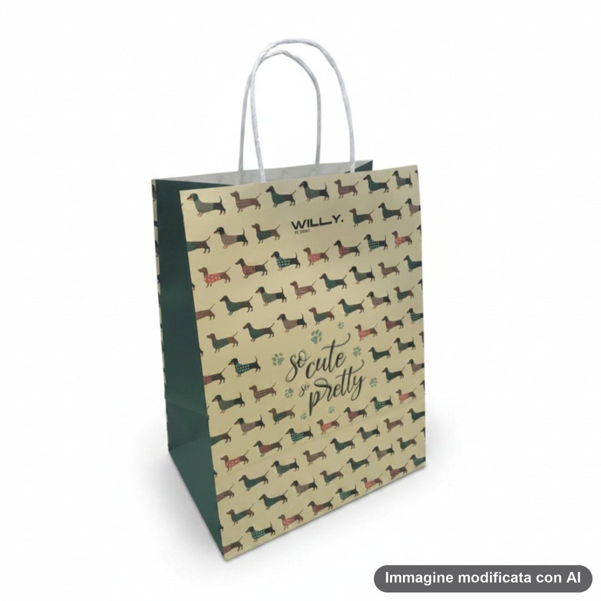 Shopper carta beige con pattern ripetuto di bassotti colorati e scritta so cute and pretty, manici bianchi
