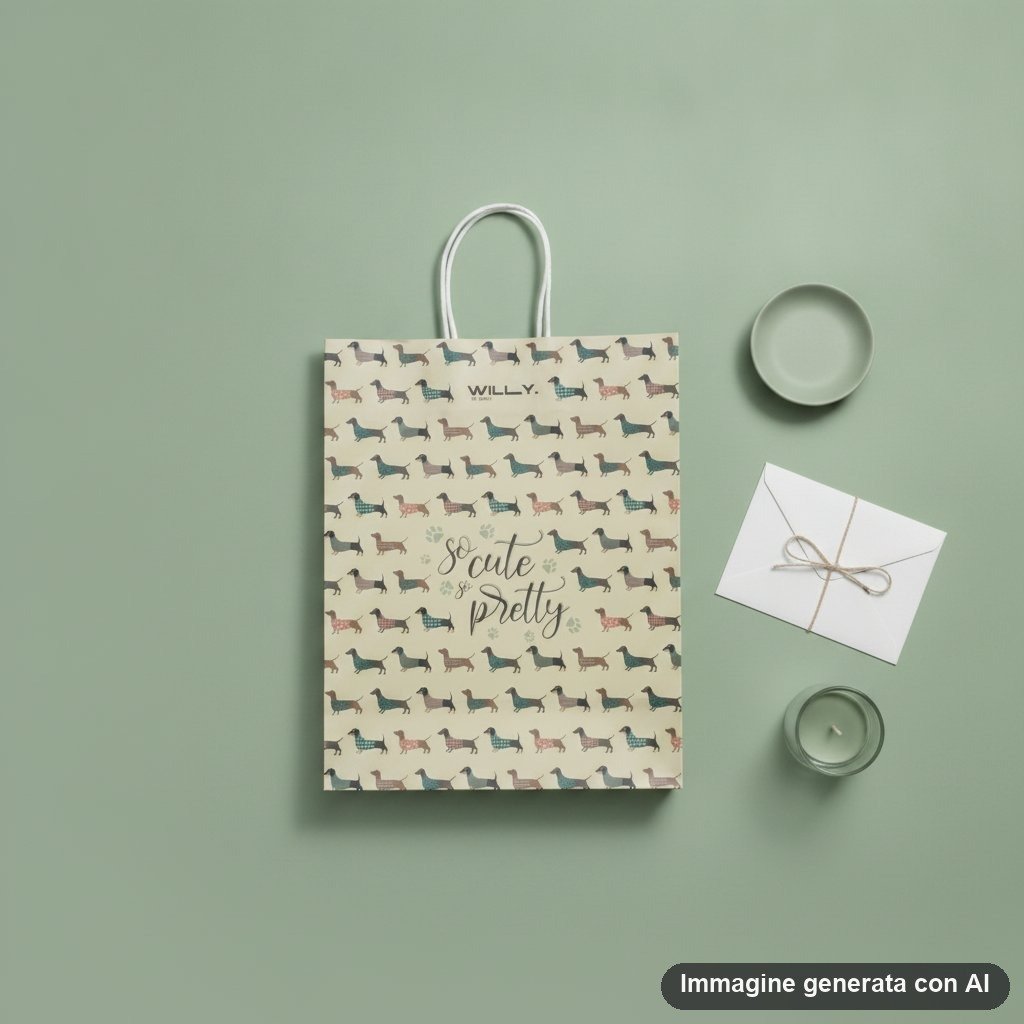 Shopper beige con pattern ripetuto di bassotti marrone, blu e rosa con scritte decorative e zampe
