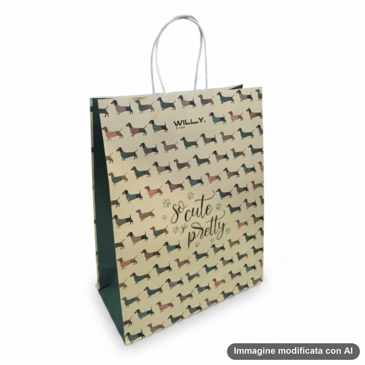 Shopper beige con pattern ripetuto di bassotti marrone, blu e rosa con scritte decorative e zampe