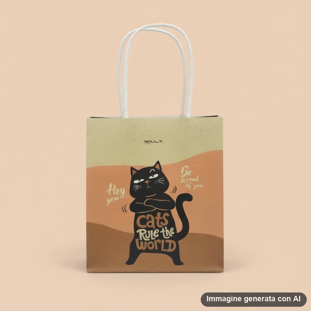 Shopper in carta con gatto nero che sorride e scritta cats rule the world, palette arancio e beige, manici bianchi