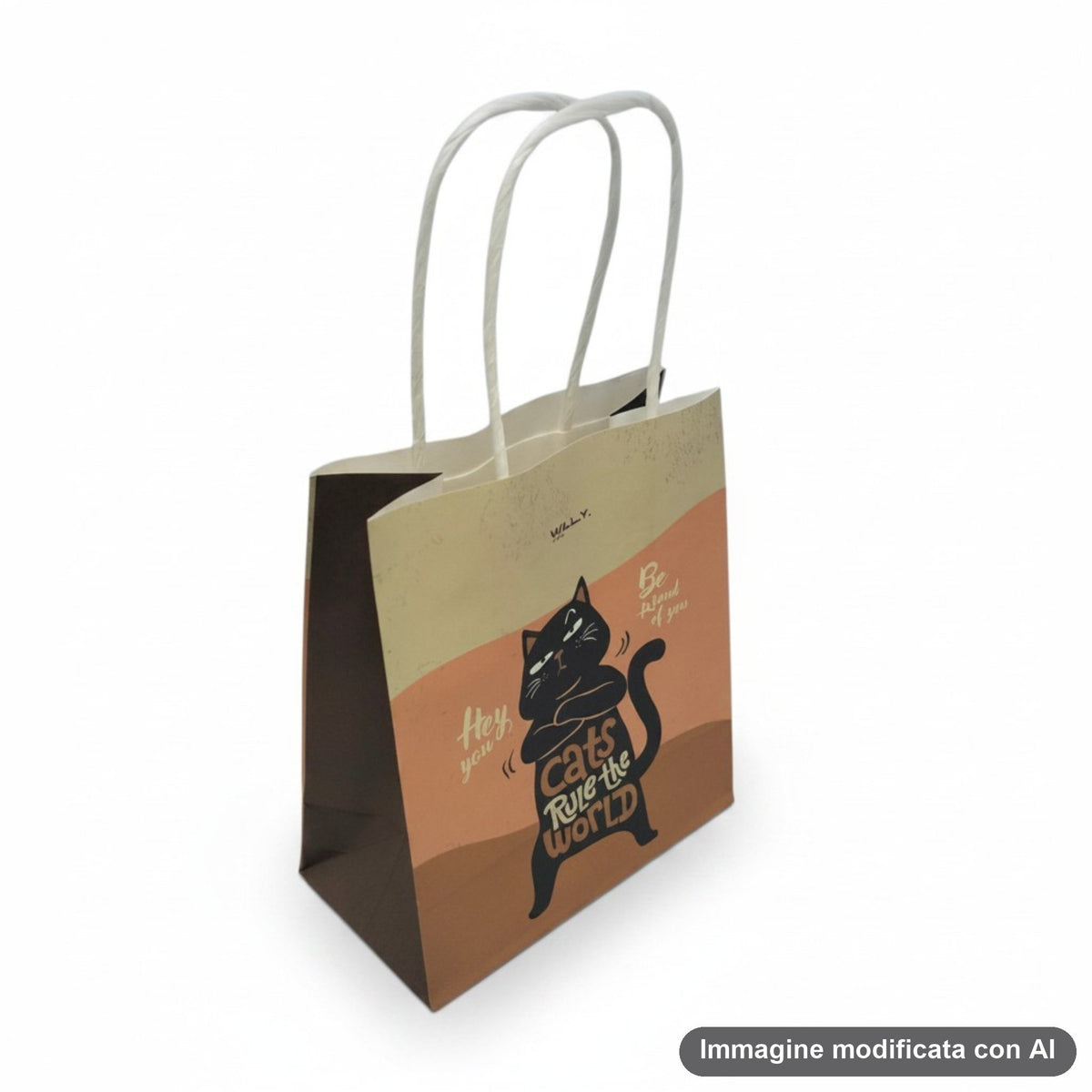 Shopper in carta con gatto nero che sorride e scritta cats rule the world, palette arancio e beige, manici bianchi
