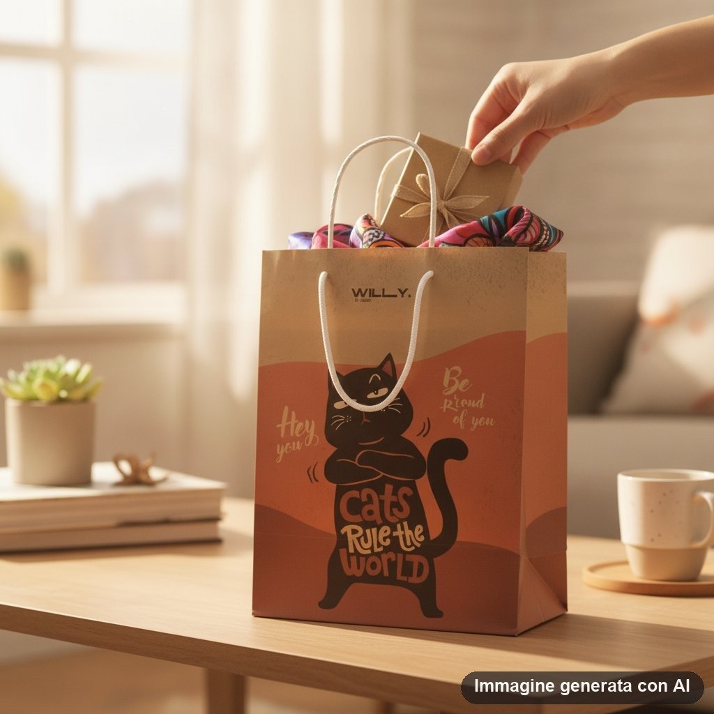 Shopper media con disegno gatto nero che sorride su sfondo arancione, scritte 'Hey you' e 'Cats rule the world