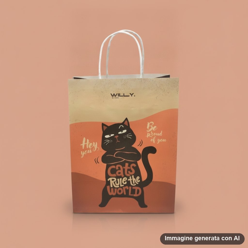 Shopper media con disegno gatto nero che sorride su sfondo arancione, scritte 'Hey you' e 'Cats rule the world