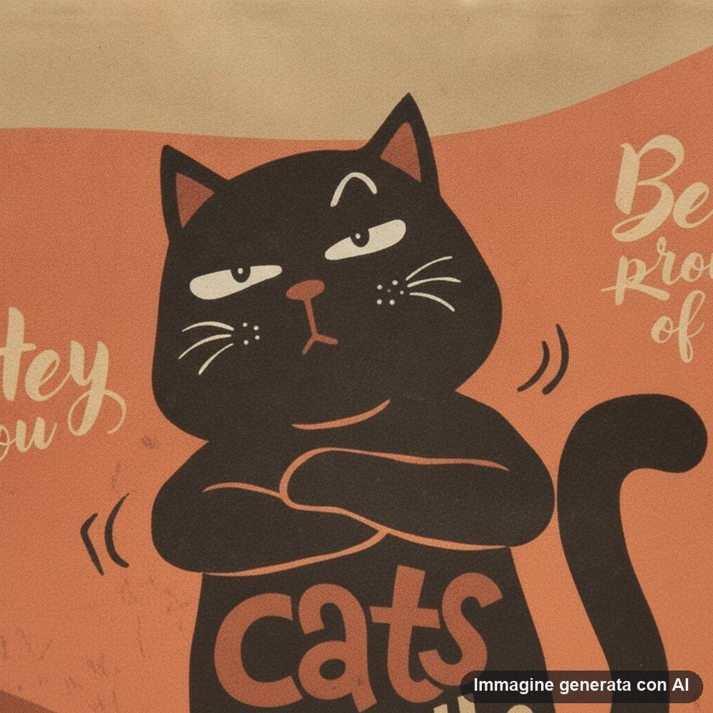 Shopper media con disegno gatto nero che sorride su sfondo arancione, scritte 'Hey you' e 'Cats rule the world