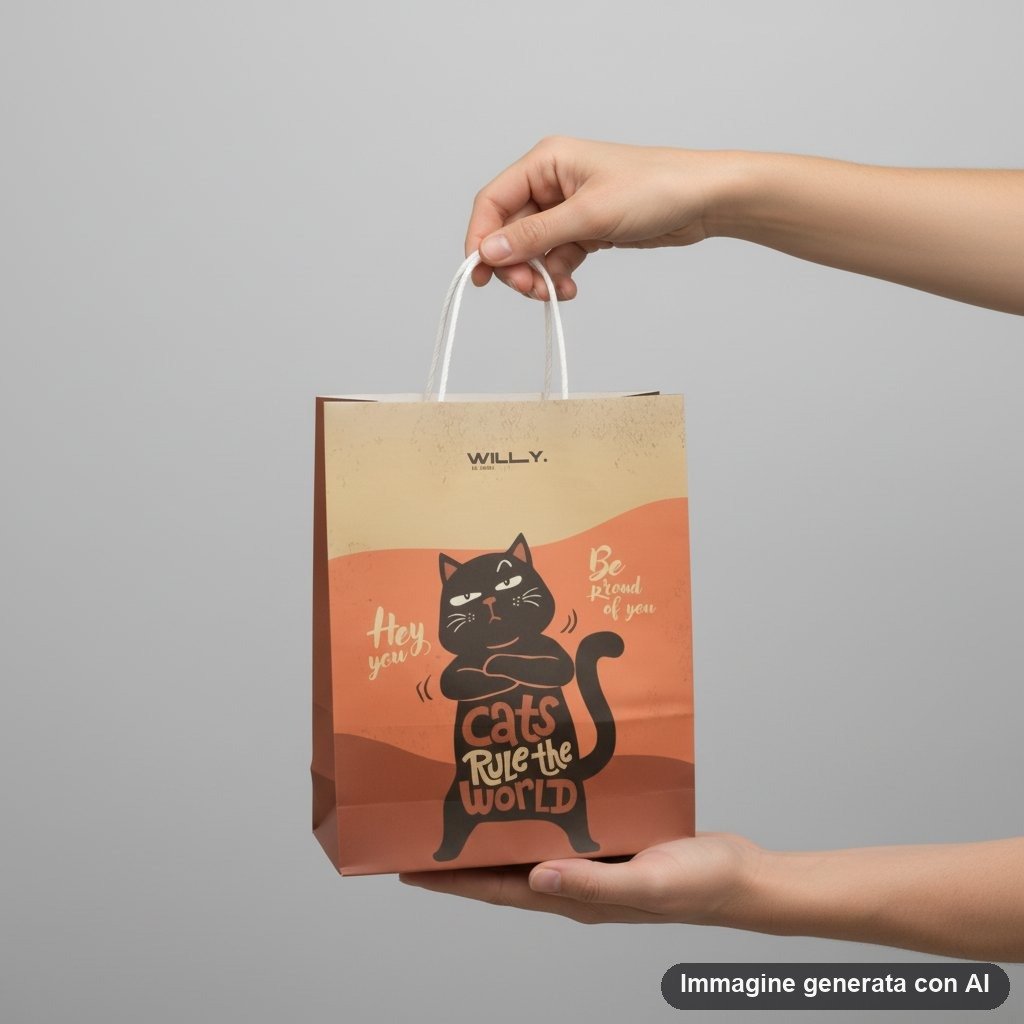Shopper media con disegno gatto nero che sorride su sfondo arancione, scritte 'Hey you' e 'Cats rule the world