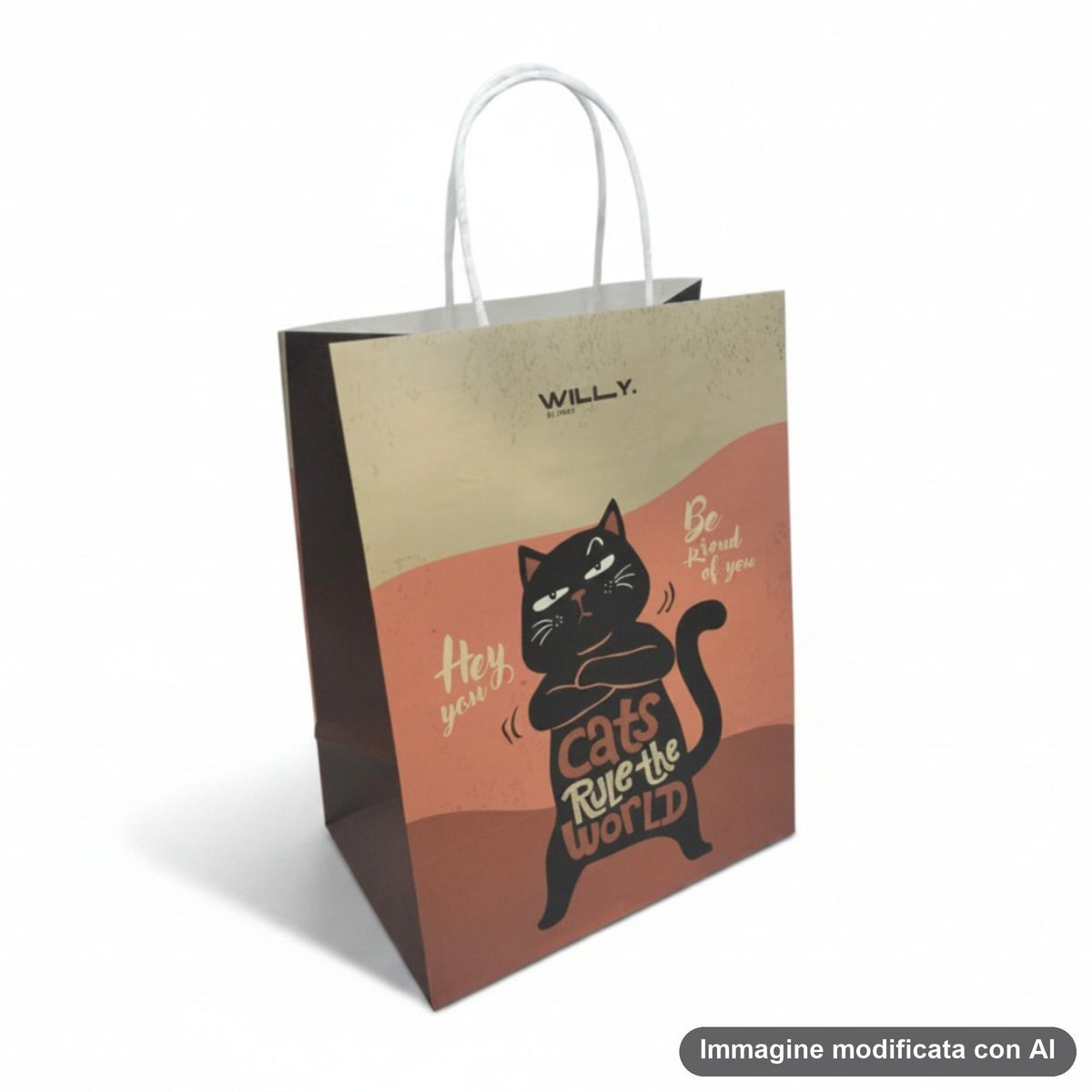 Shopper media con disegno gatto nero che sorride su sfondo arancione, scritte 'Hey you' e 'Cats rule the world