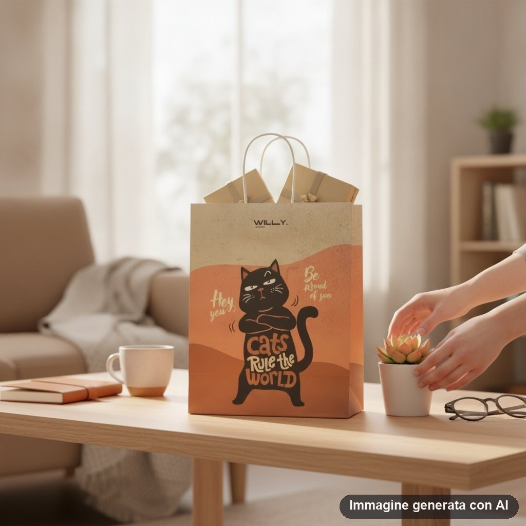 Shopper in carta kraft con gatto nero stilizzato in posa divertente e testo ironico su sfondo degradato arancione e beige