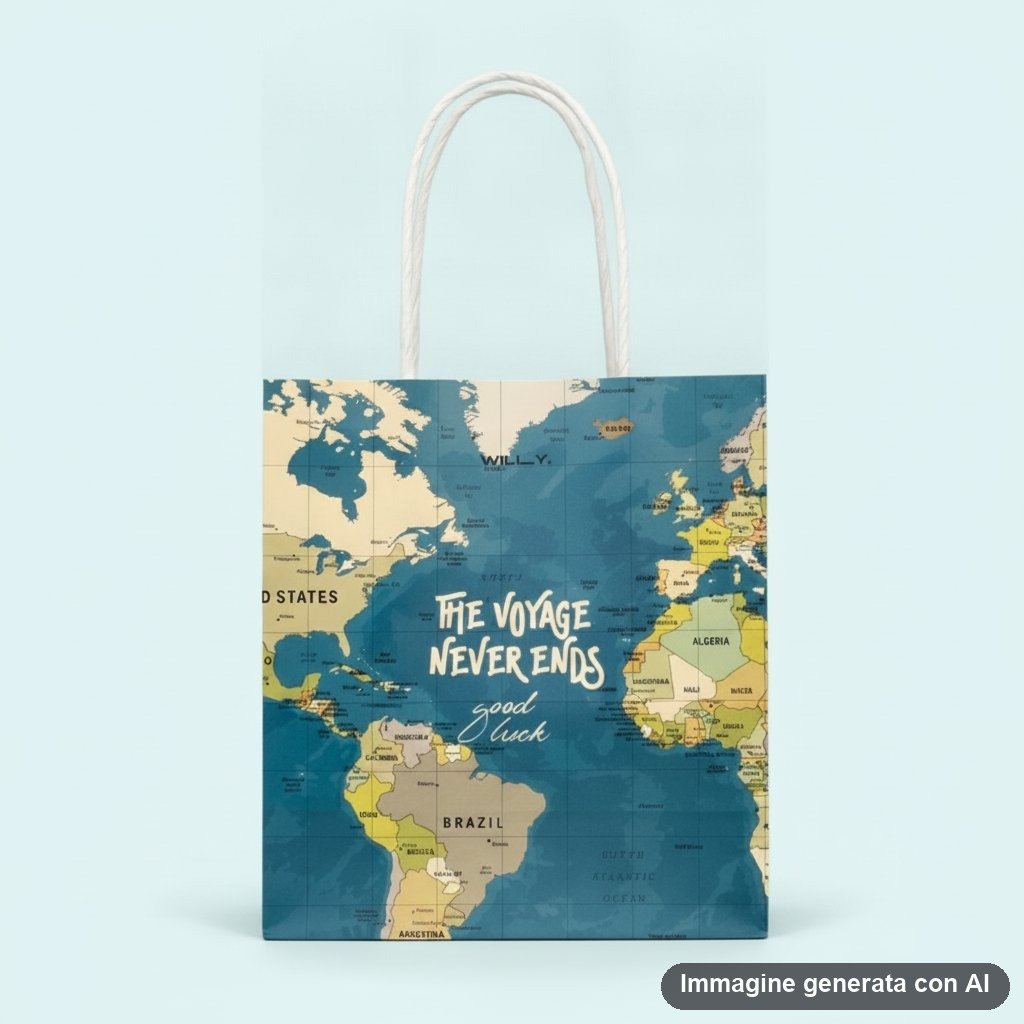 Shopper in cotone con stampa mappa geografica mondiale in stile vintage, manici bianchi, testo the voyage never ends