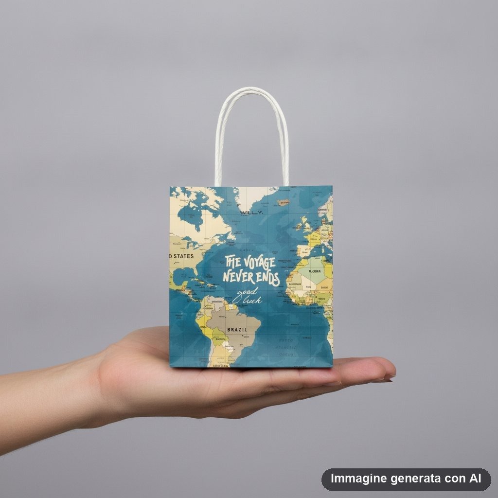 Shopper in cotone con stampa mappa geografica mondiale in stile vintage, manici bianchi, testo the voyage never ends