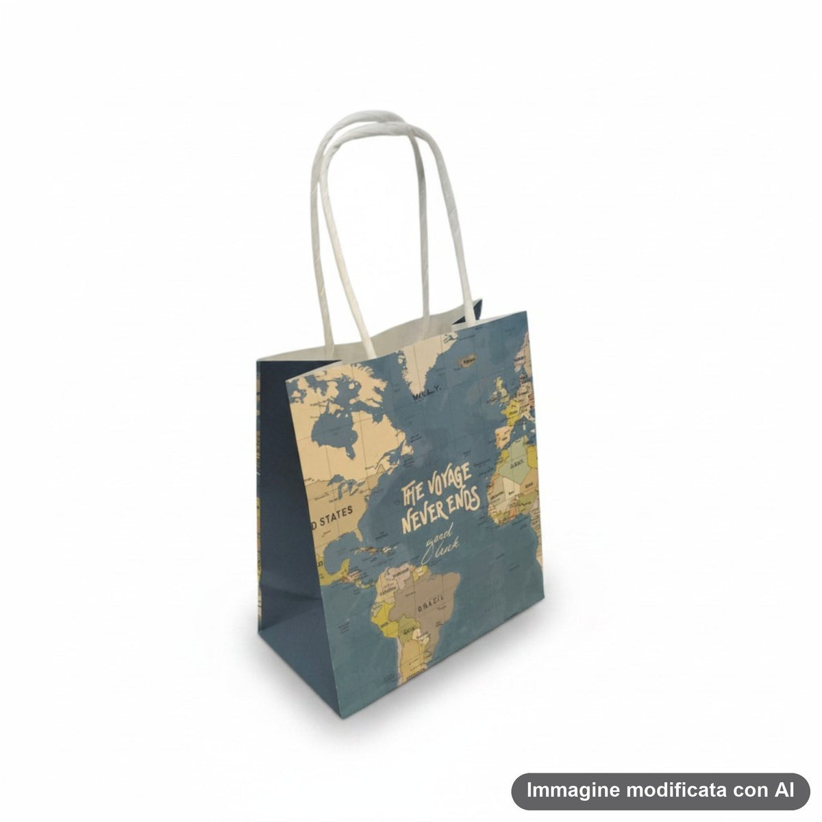 Shopper in cotone con stampa mappa geografica mondiale in stile vintage, manici bianchi, testo the voyage never ends