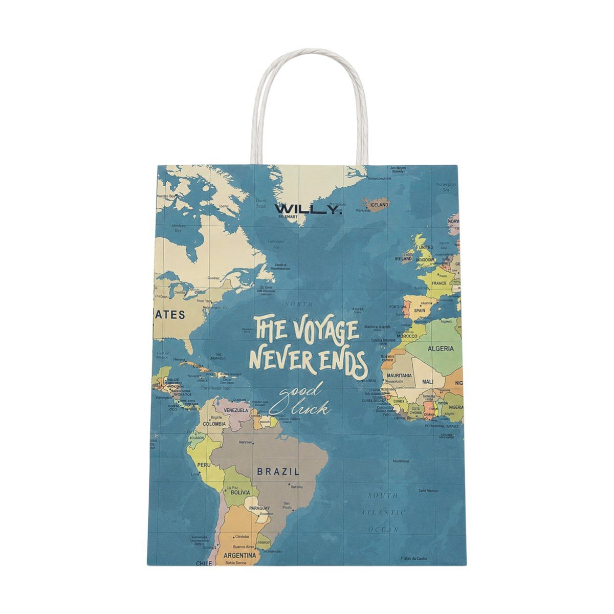 Busta shopper con stampa mappa geografica mondiale in stile vintage, manici bianchi, con scritte motivazionali sul viaggio