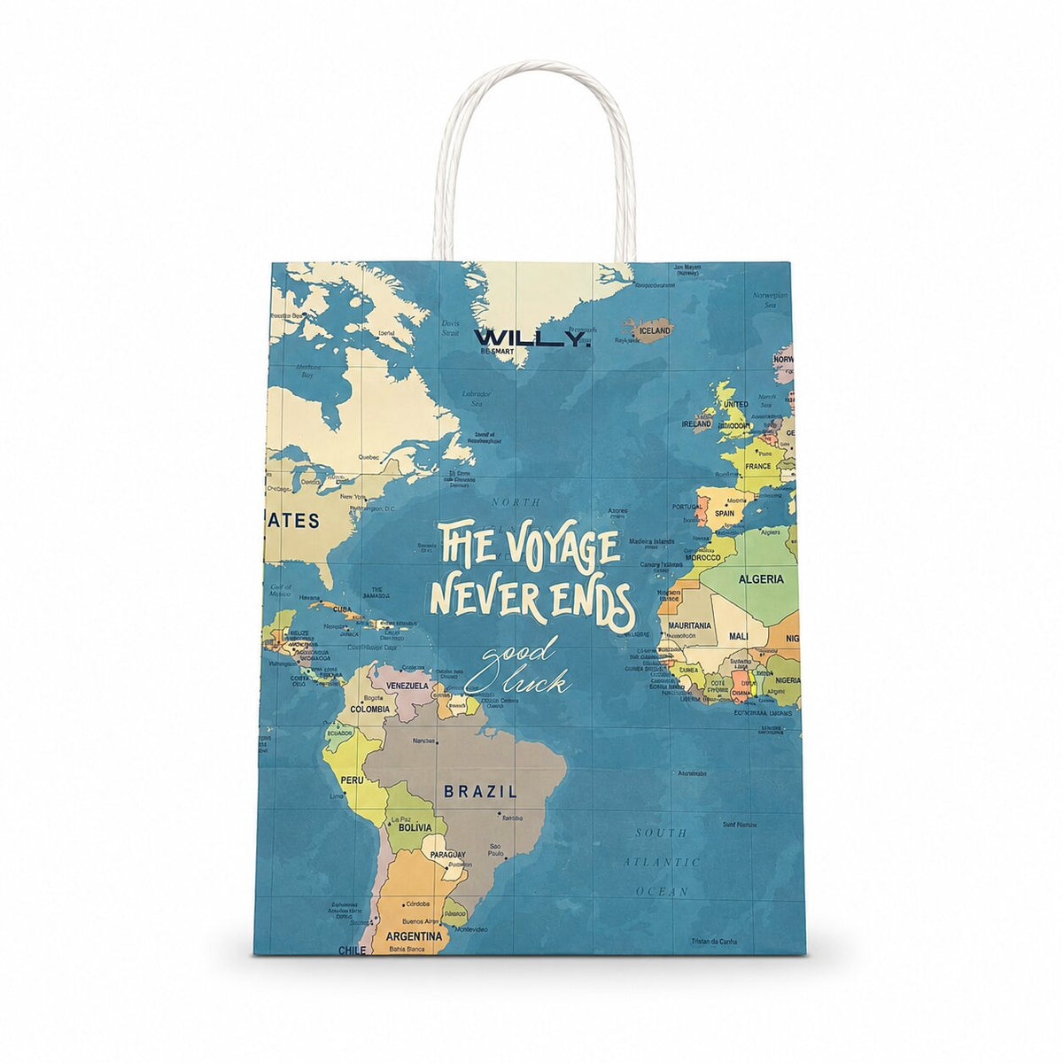 Sacchetto regalo medio in carta con stampa della mappa del mondo azzurra e manici bianchi