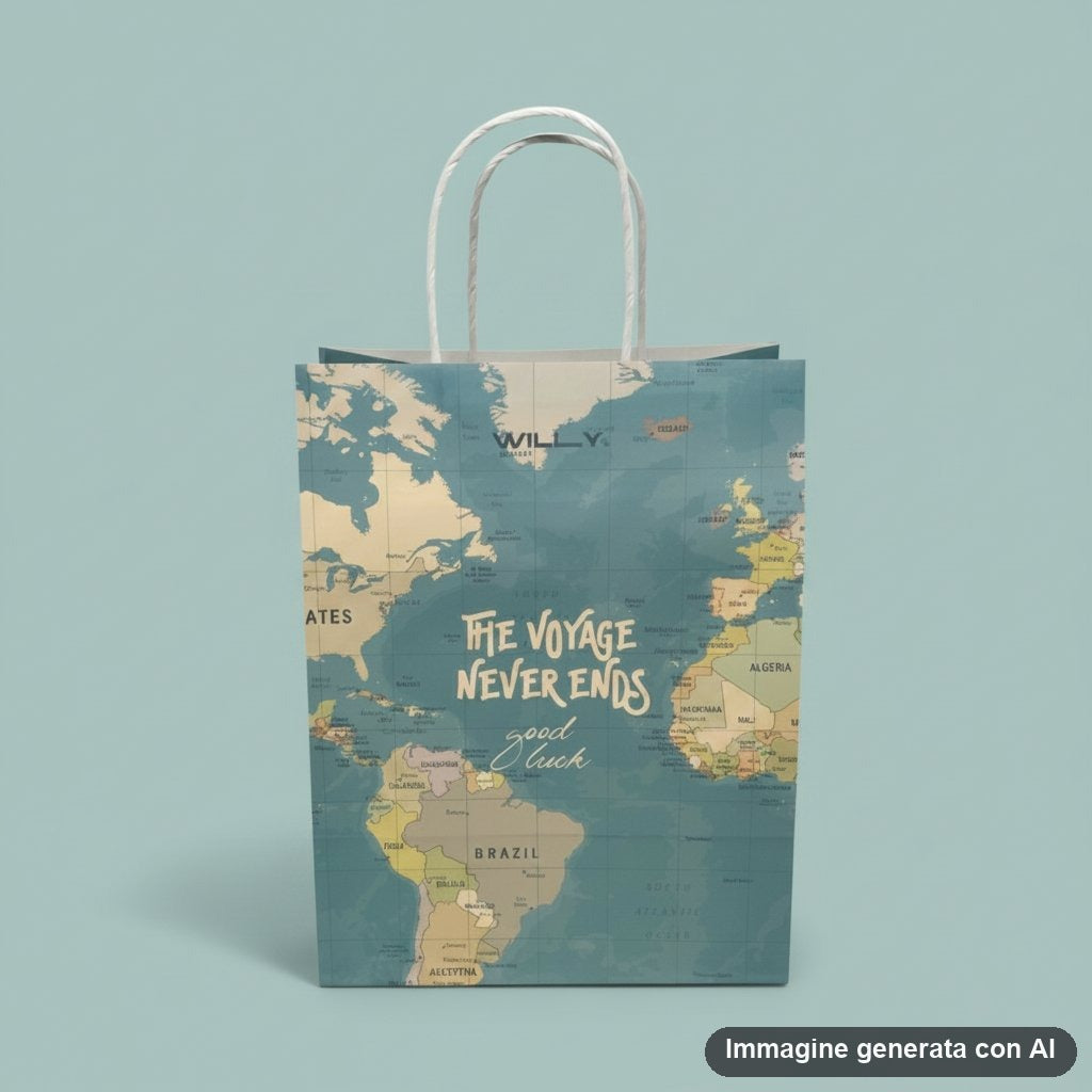 Sacchetto regalo medio in carta con stampa della mappa del mondo azzurra e manici bianchi