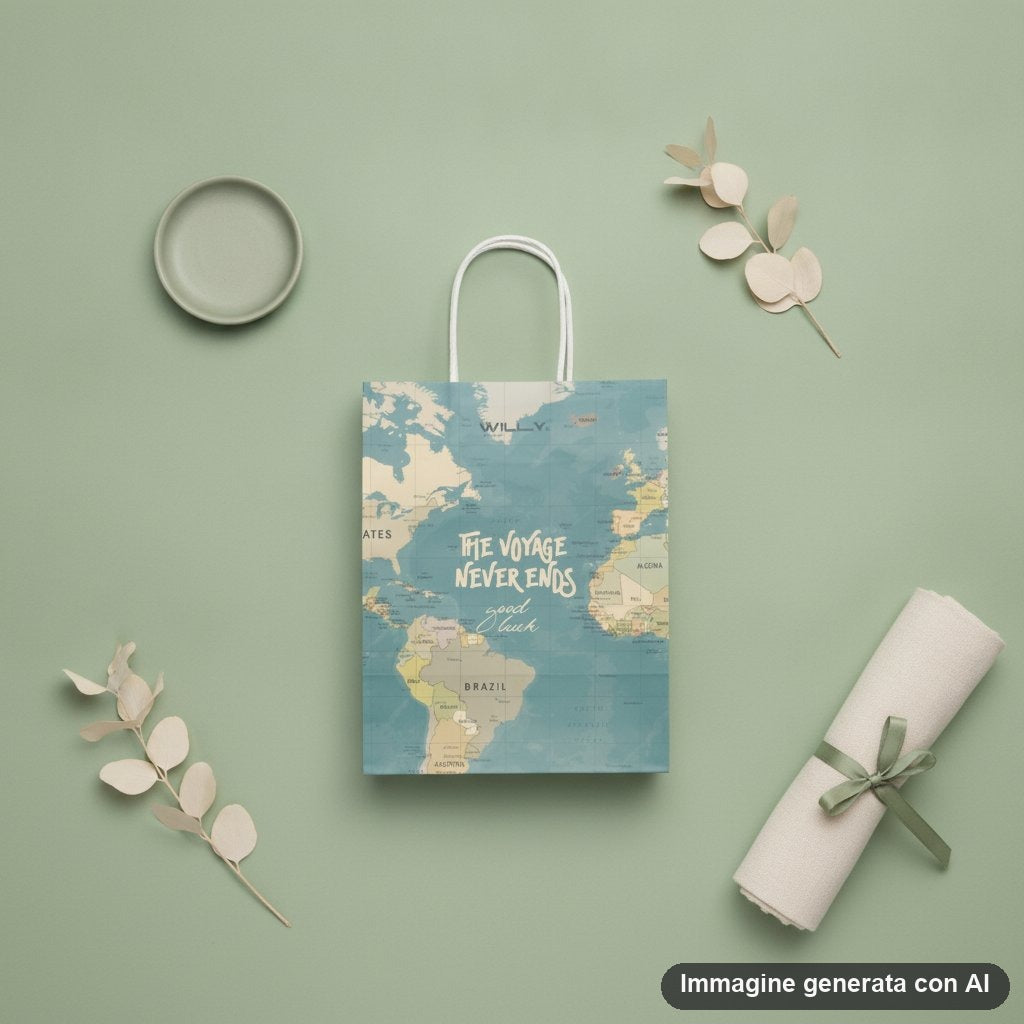 Sacchetto regalo medio in carta con stampa della mappa del mondo azzurra e manici bianchi