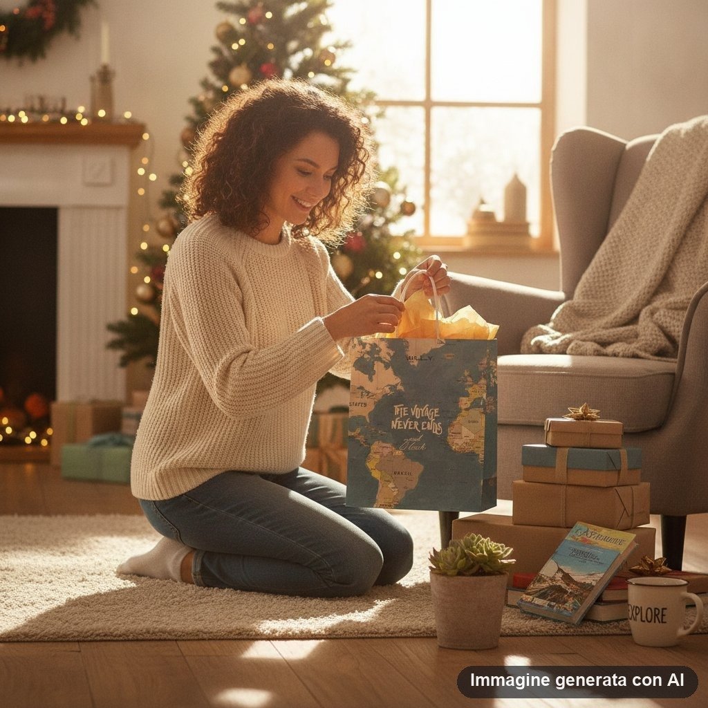 Shopper busta regalo beige e blu con mappa geografica mondiale vintage e scritte motivazionali sul tema dei viaggi