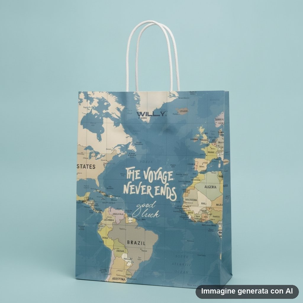 Shopper busta regalo beige e blu con mappa geografica mondiale vintage e scritte motivazionali sul tema dei viaggi