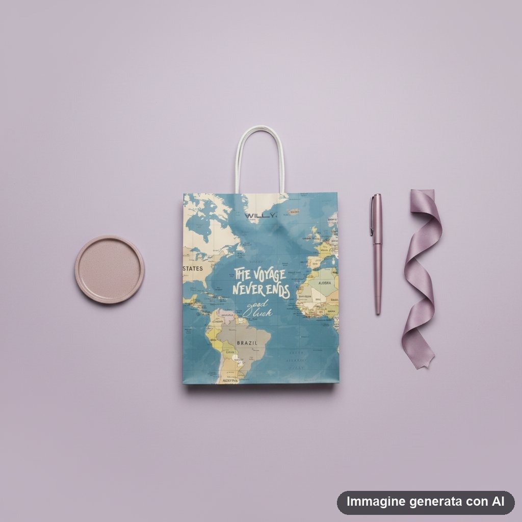 Shopper busta regalo beige e blu con mappa geografica mondiale vintage e scritte motivazionali sul tema dei viaggi
