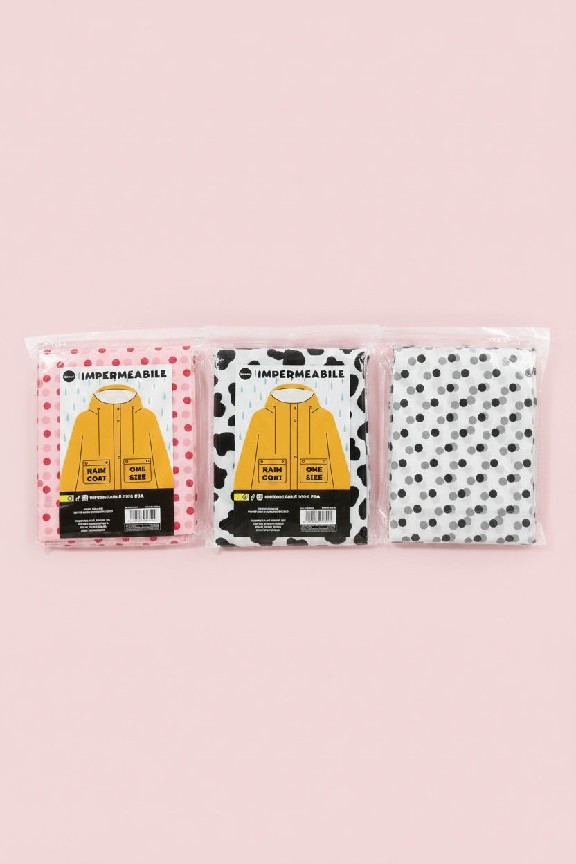 Tre impermeabili gialli con fantasie pois rosa, nera e grigia, packaging trasparente con etichetta nera