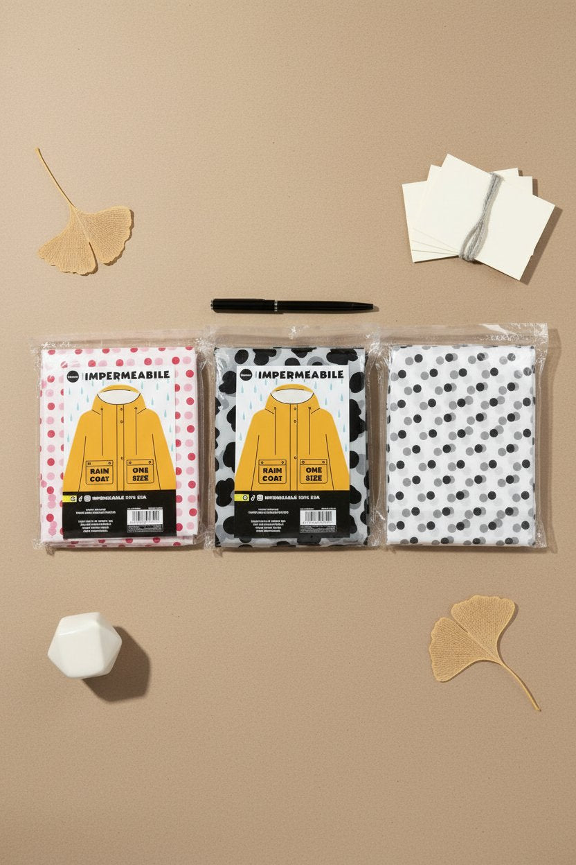 Tre impermeabili gialli con fantasie pois rosa, nera e grigia, packaging trasparente con etichetta nera