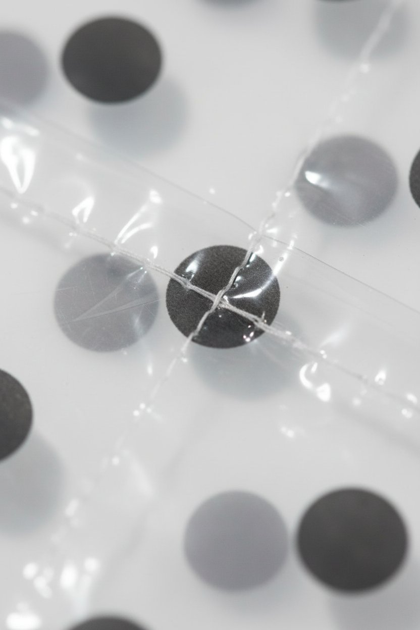 Tre impermeabili gialli con fantasie pois rosa, nera e grigia, packaging trasparente con etichetta nera