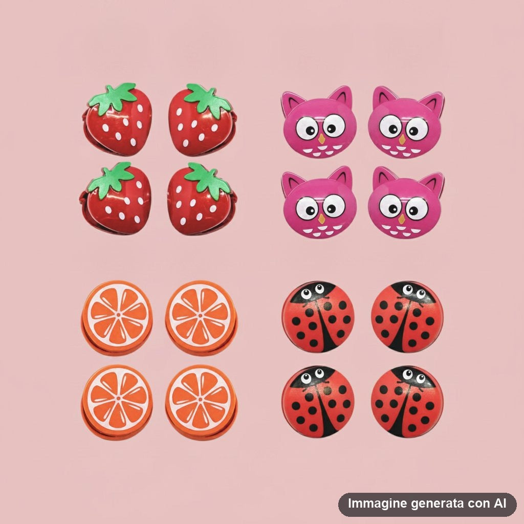 Clip chiudipacco colorate a forma di fragola, gufo, fetta d'arancia e coccinella