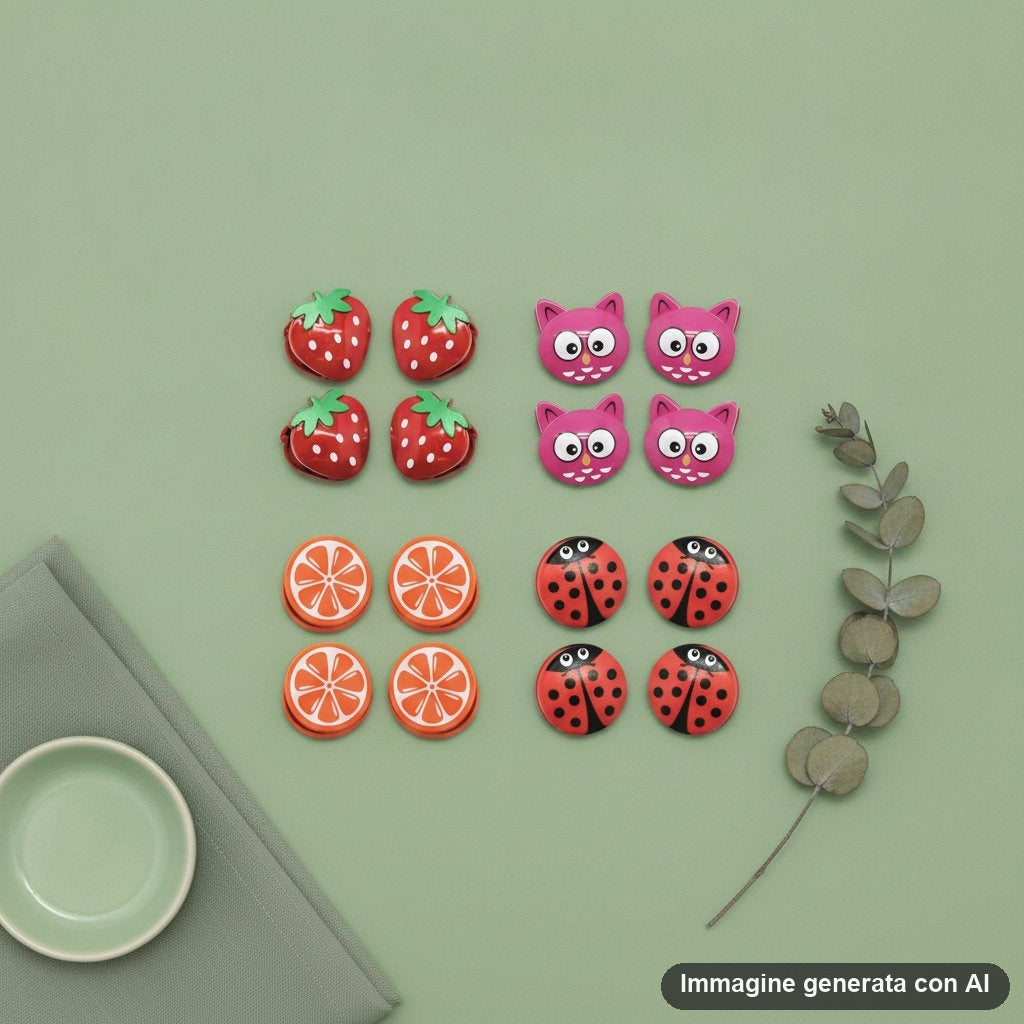 Clip chiudipacco colorate a forma di fragola, gufo, fetta d'arancia e coccinella