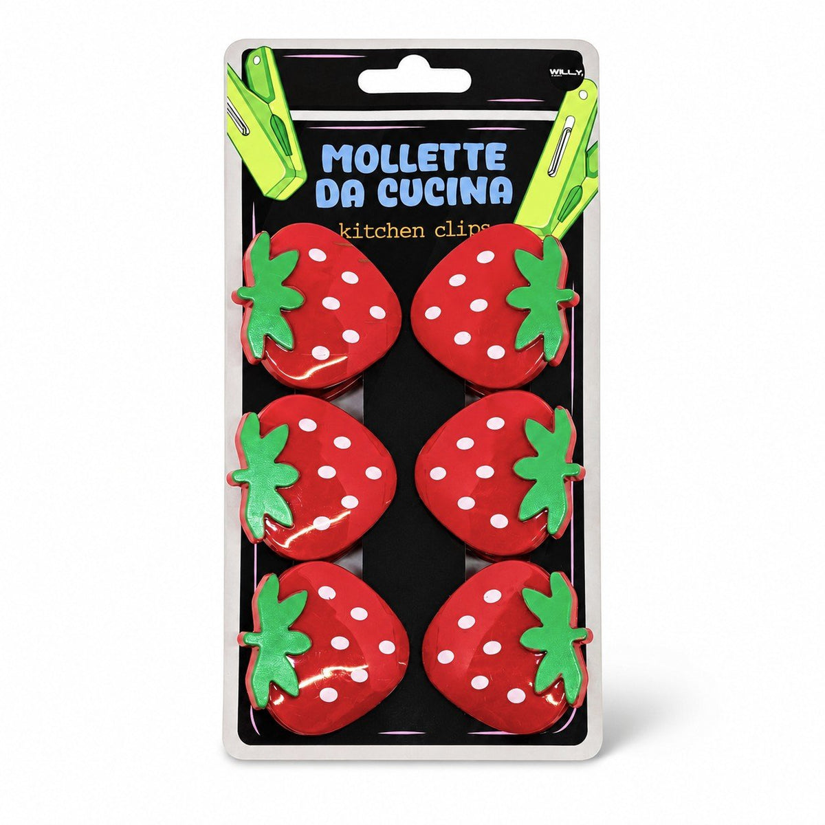 Set di sei clip chiudipacco con disegni di fragole rosse, gufi rosa, arance arancioni e coccinelle rosse