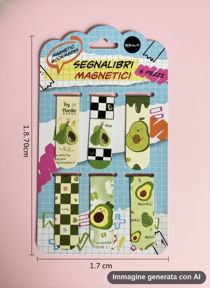 Sei segnalibri magnetici con avocado disegnati in stile kawaii su cartoncino azzurro a quadretti