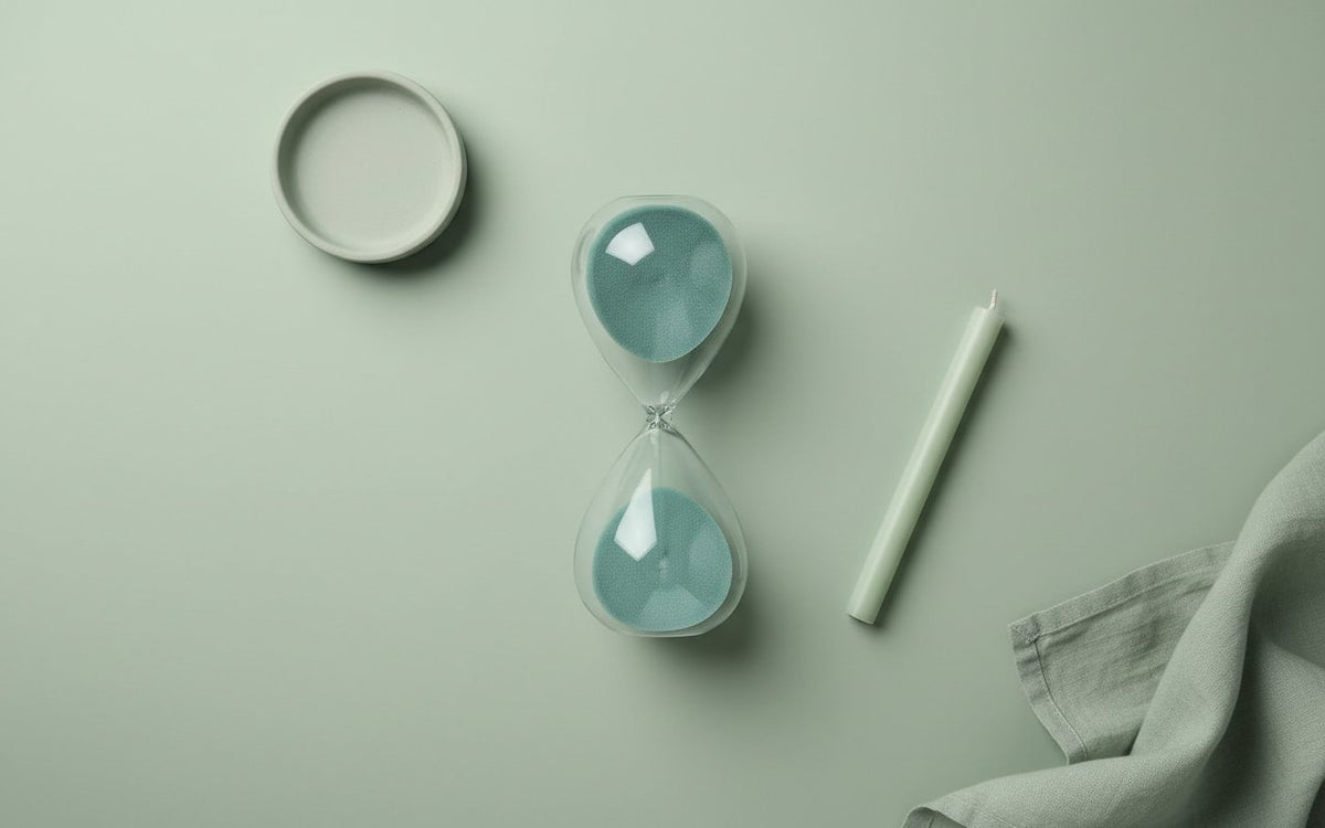 Quattro clessidre trasparenti con sabbia colorata in turchese, avorio, nero e grigio. Decor minimalista per casa.