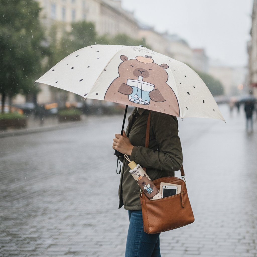 Ombrello da borsa beige con disegno kawaii di capibara marrone che sorride, testo Lucky and Love, e quattro varianti colorate