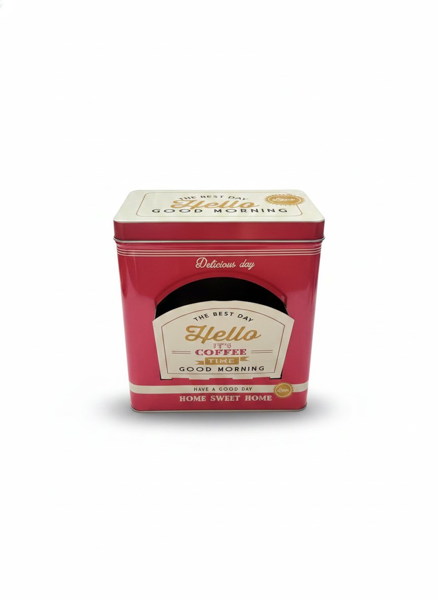 Contenitore metallico rosso per capsule caffè con design vintage anni cinquanta e scritte dorate