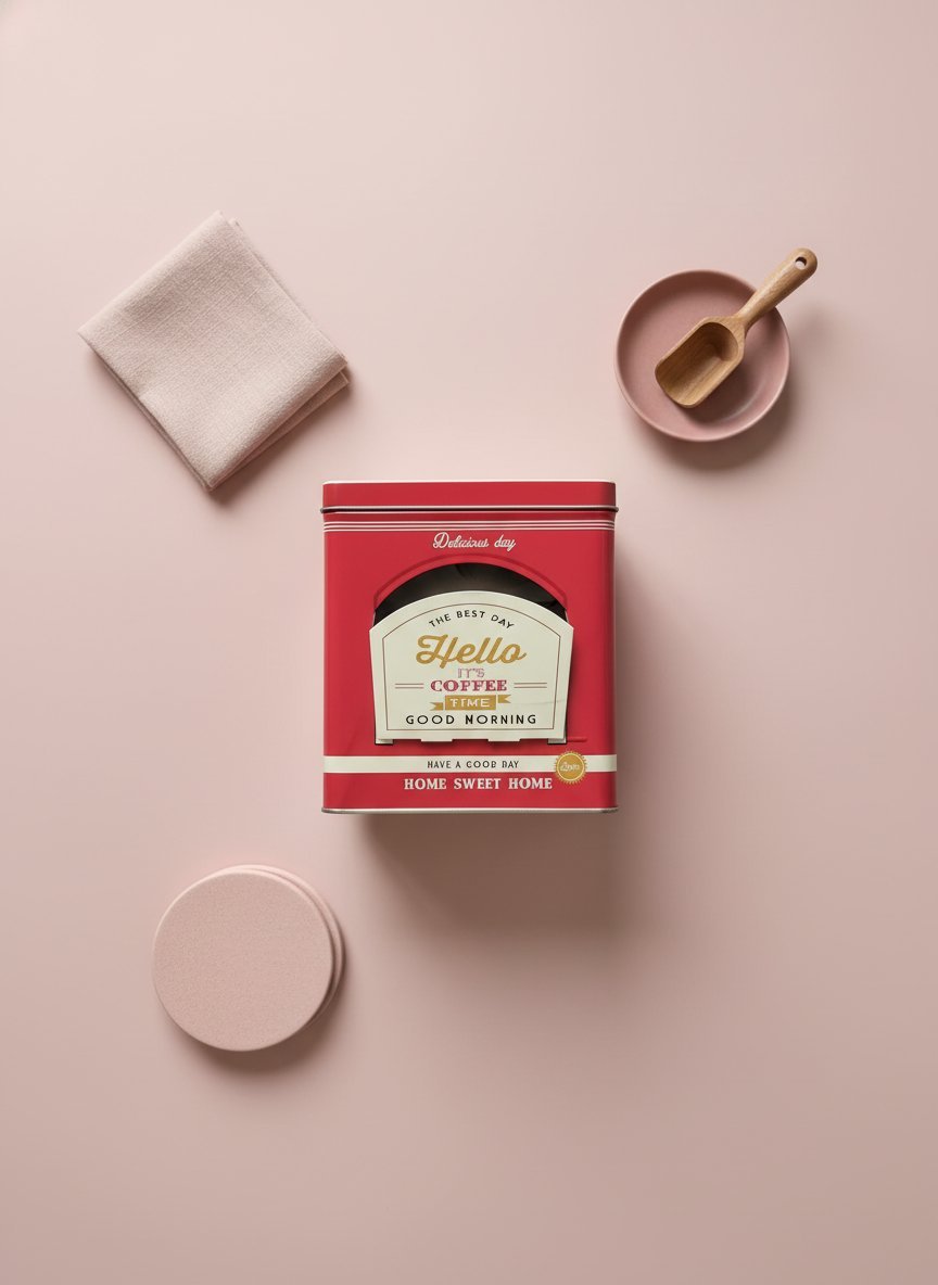 Contenitore metallico rosso per capsule caffè con design vintage anni cinquanta e scritte dorate