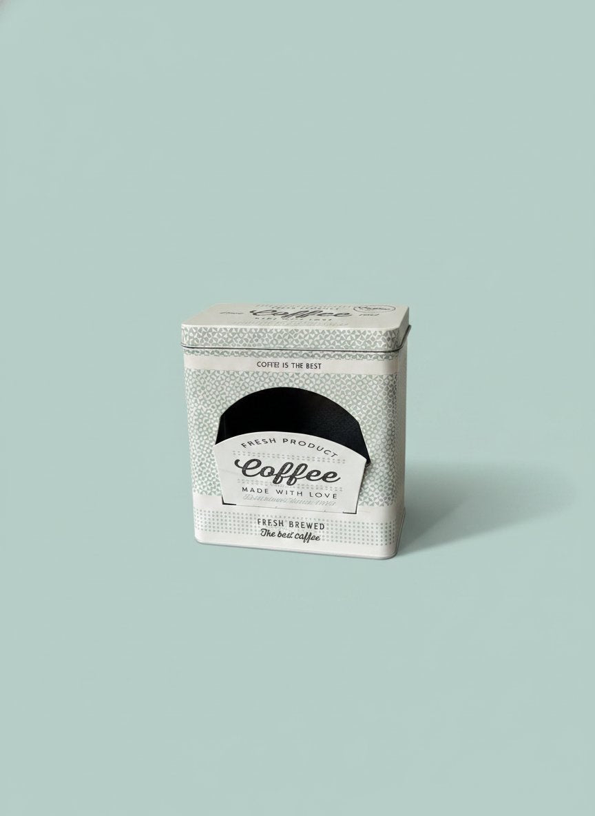 Contenitore metallico per capsule caffè con texture geometrica, design vintage bianco e nero, coperchio rettangolare