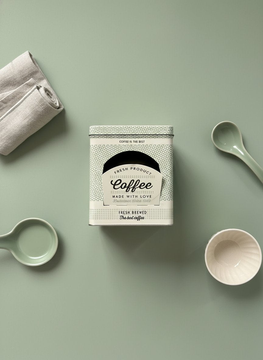 Contenitore metallico per capsule caffè con texture geometrica, design vintage bianco e nero, coperchio rettangolare