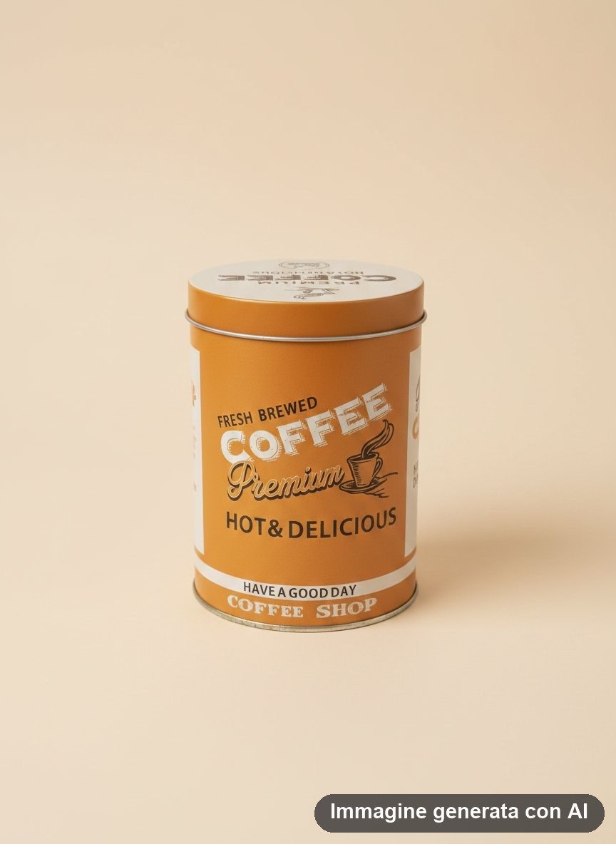 Barattolo in metallo arancione con scritte coffee shop e disegno di tazza di caffe fumante