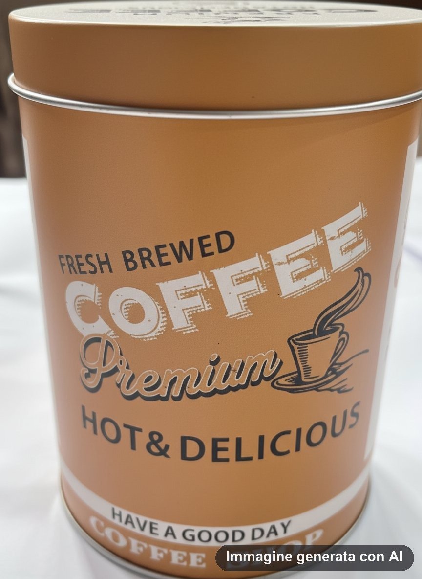 Barattolo in metallo arancione con scritte coffee shop e disegno di tazza di caffe fumante