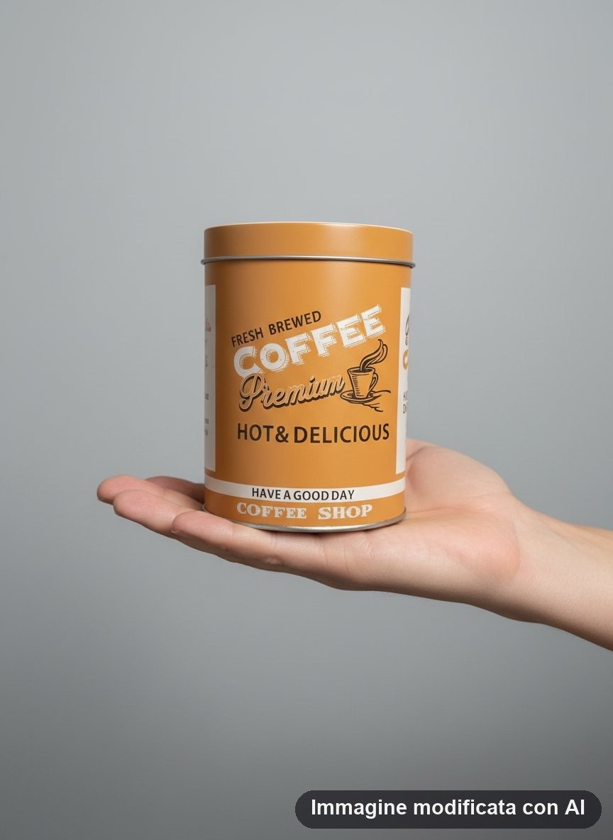 Barattolo in metallo arancione con scritte coffee shop e disegno di tazza di caffe fumante