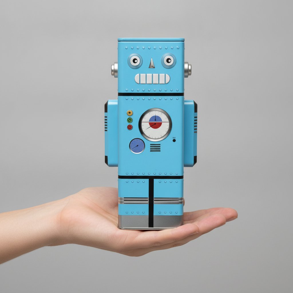 Tre salvadanai robot colorati in giallo, azzurro e grigio con facce burlone e dettagli metallici retrò