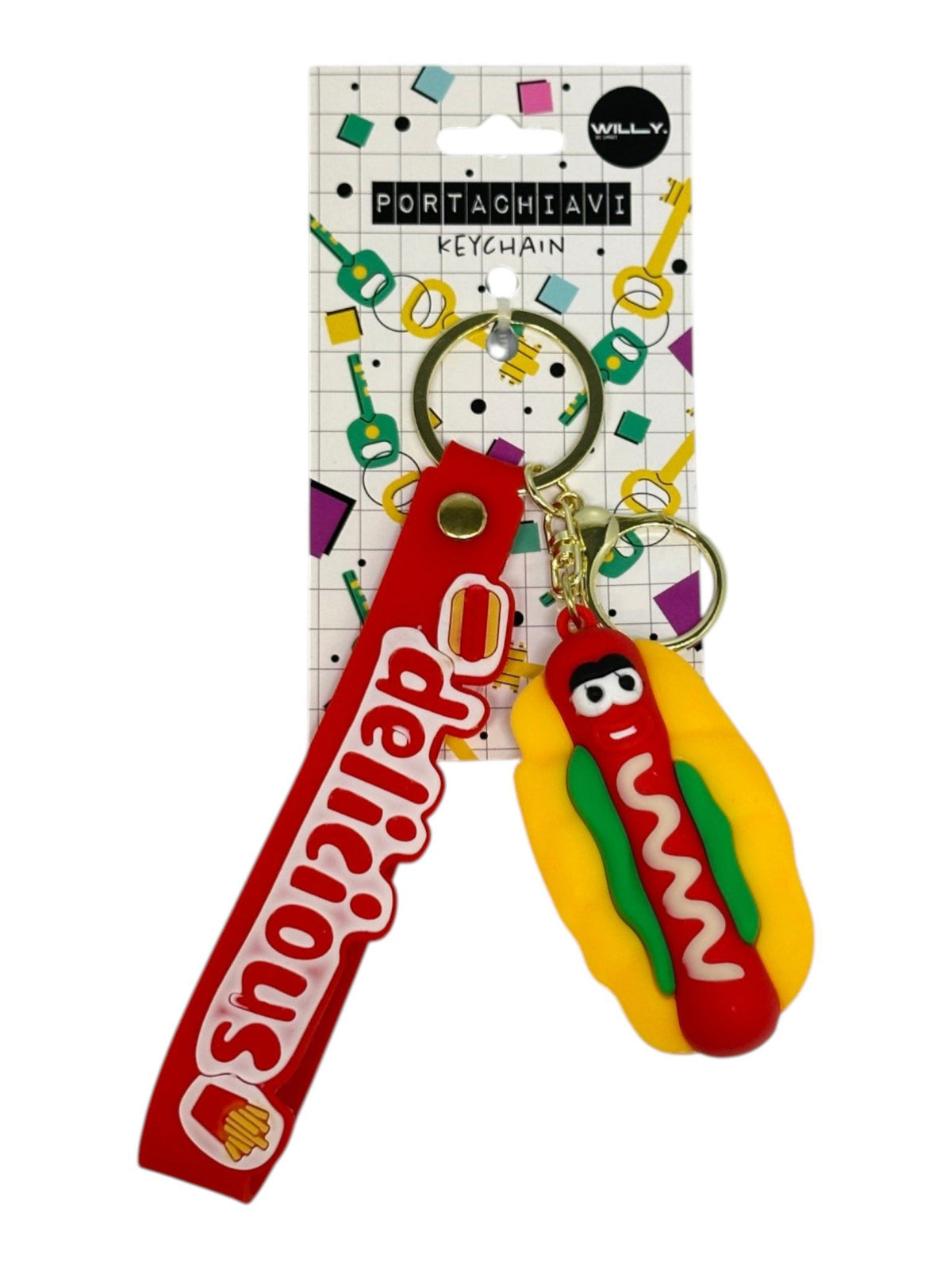 Tre portachiavi fastfood kawaii con facce tenere: patatine fritte rosse, pizza marrone e hot dog giallo con moschettone dorat