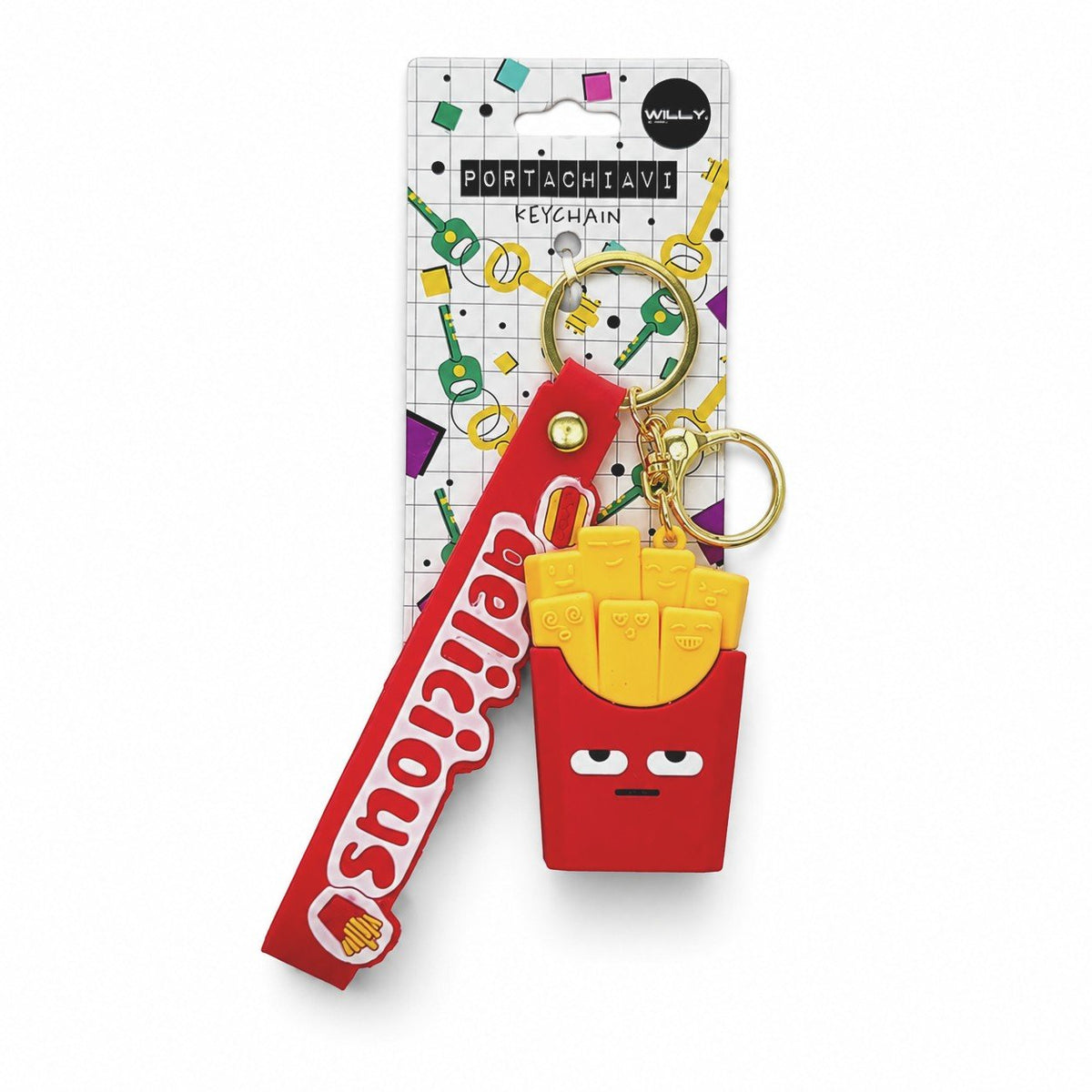Tre portachiavi fastfood kawaii con facce tenere: patatine fritte rosse, pizza marrone e hot dog giallo con moschettone dorat