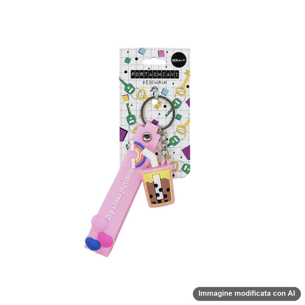 Tre portachiavi con ciondolo a forma di bicchiere di bibita e cinturino con arcobaleno, rosa, azzurro e viola