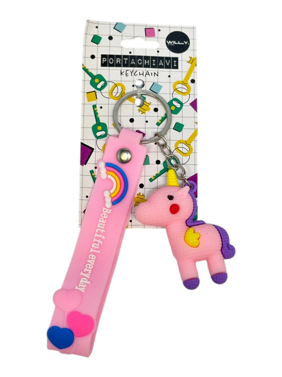 Tre portachiavi con unicorno kawaii in rosa, giallo e blu con strap decorato e arcobaleno