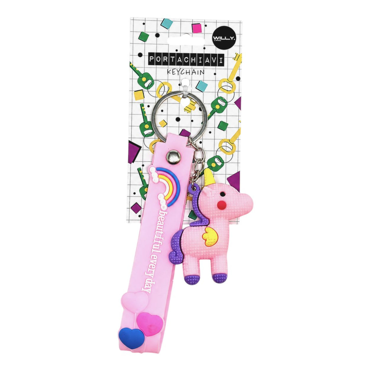 Tre portachiavi con unicorno kawaii in rosa, giallo e blu con strap decorato e arcobaleno