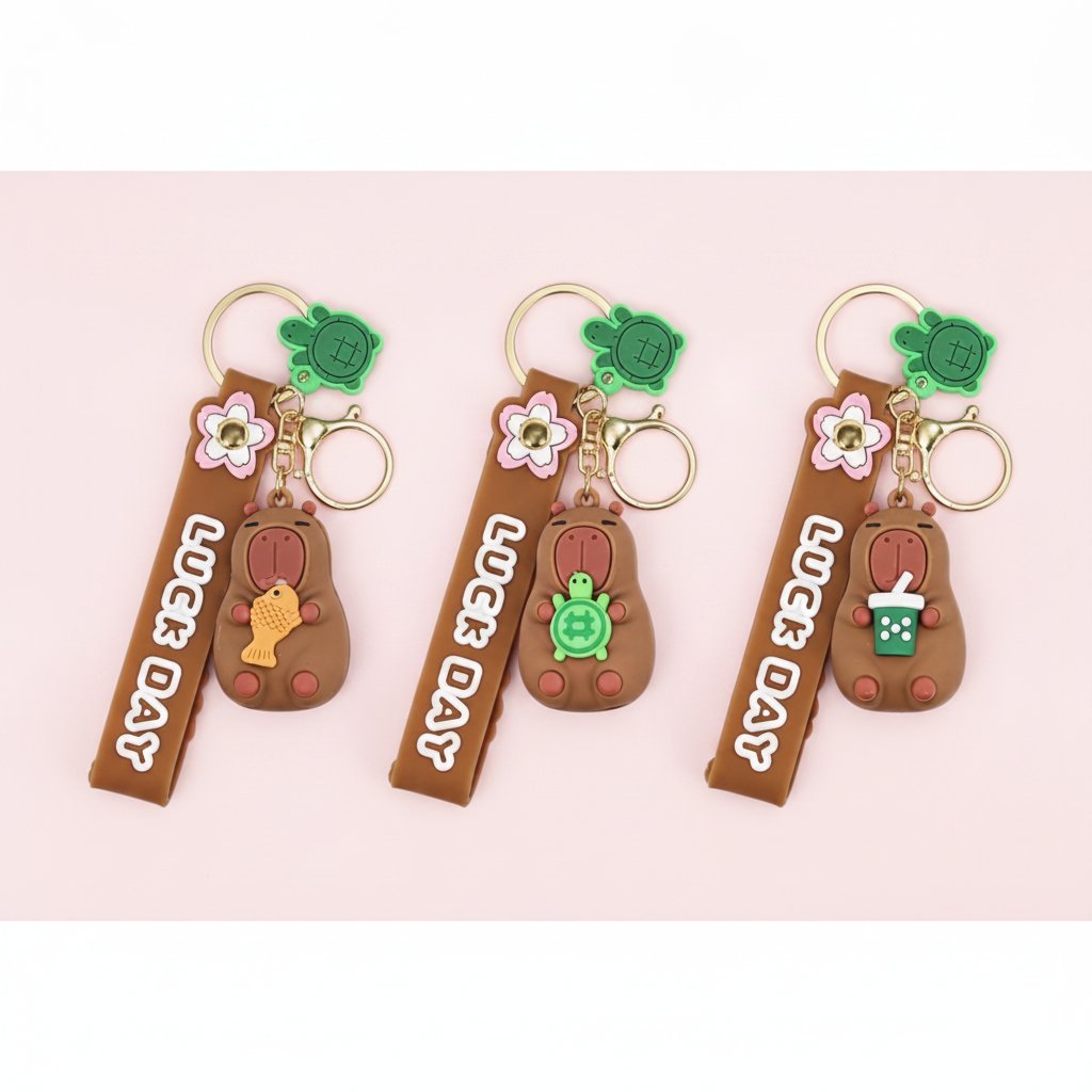 Tre portachiavi a forma di capibara marrone con fiori rosa, accessori verdi e anellino dorato, stile kawaii