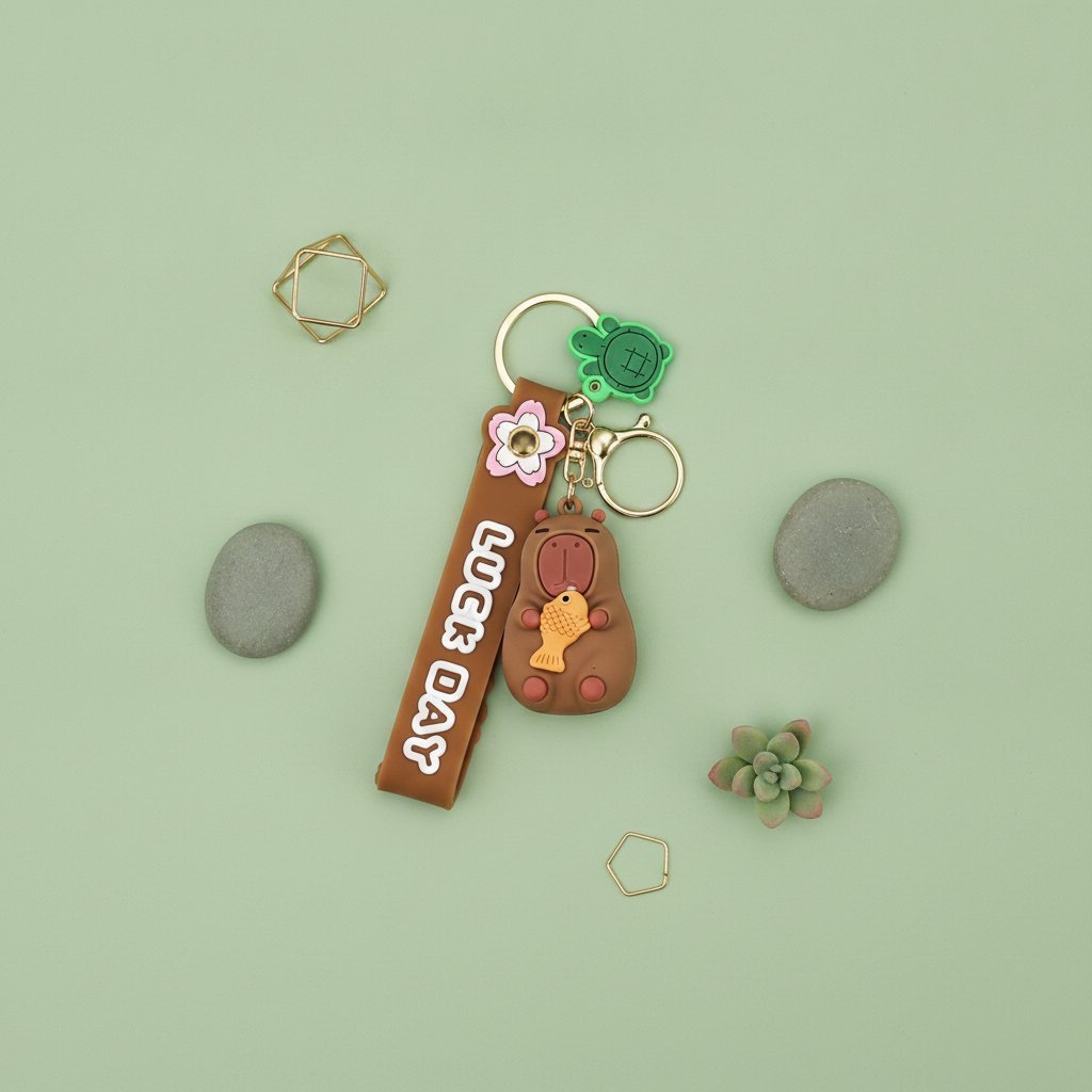 Tre portachiavi a forma di capibara marrone con fiori rosa, accessori verdi e anellino dorato, stile kawaii