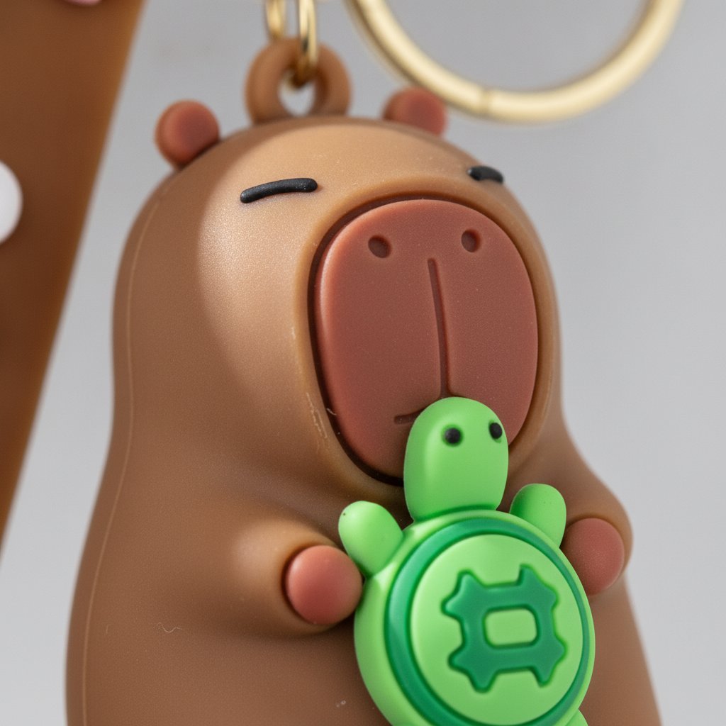 Tre portachiavi a forma di capibara marrone con fiori rosa, accessori verdi e anellino dorato, stile kawaii