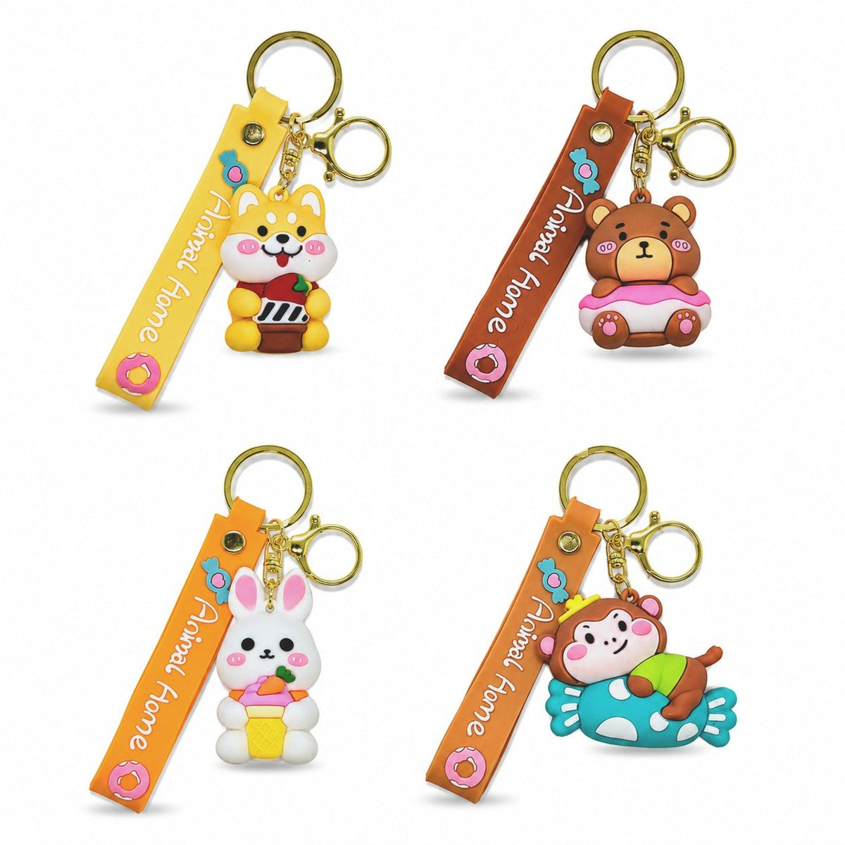 Quattro portachiavi kawaii con animaletti teneri: gattino bianco, orso marrone, coniglio giallo e creatura marina azzurra, ci